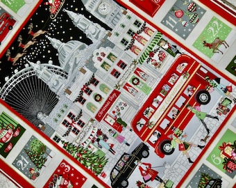 Makower patchwork fabric for Advent calendar LONDON panel, London Bus, Big Ben, London Icons