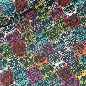 Tissu patchwork Makower à motifs de chats, tissu décoratif en coton, têtes de chats noires et multicolores