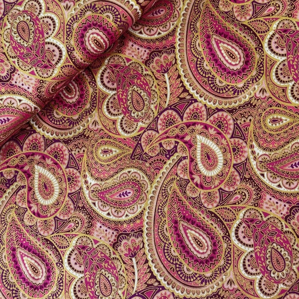 Makower Patchworkstoff Serie LUXE, Paisley, opulenter Baumwollstoff pink-gold Paisleymuster