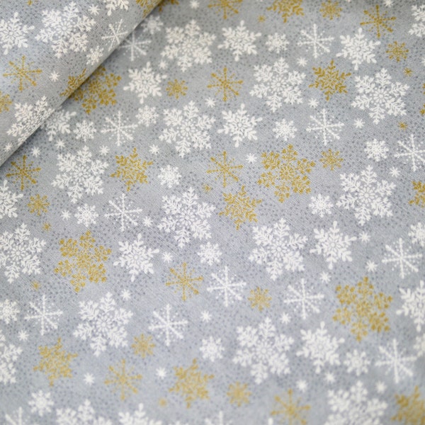 Makower Patchworkstoff Serie SCANDI Schneeflocken Eisblumen grau weiß gold, Weihnachtsstoff, Baumwollstoff Weihnachten