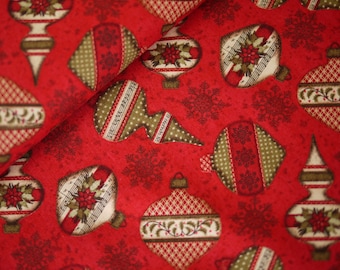 Clothworks Patchworkstoff vintage Weihnachtskugel auf weinrot, Weihnachtsstoff, Baumwollstoff Weihnachten, Tannenbaumkugel vintage