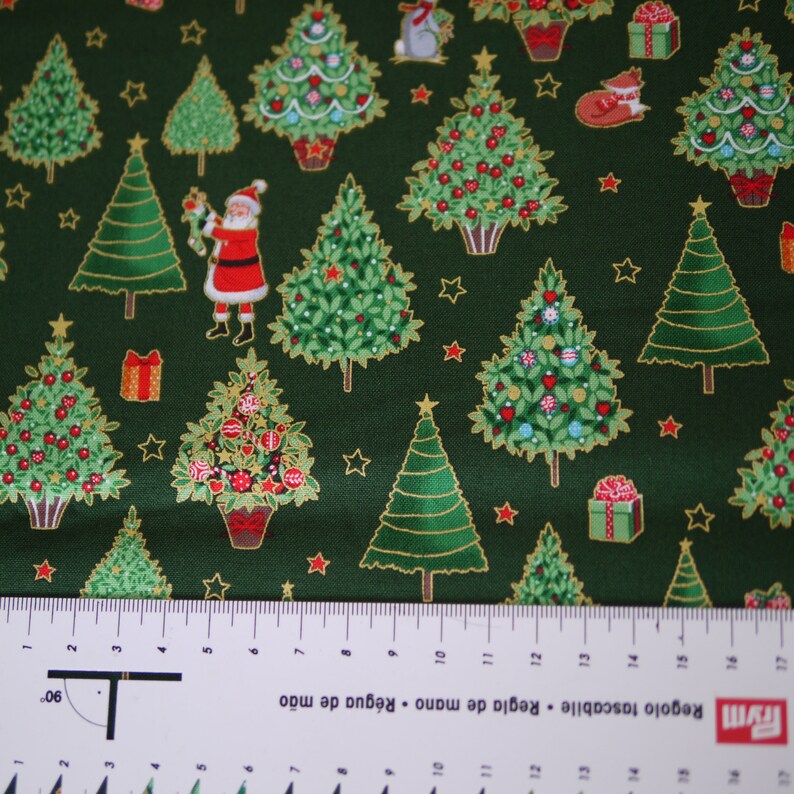 Makower patchwork fabric Merry Christmas Trees, Christmas fabric, Christmas, decorative fabric Christmas trees, gift packages, Santa Claus image 2