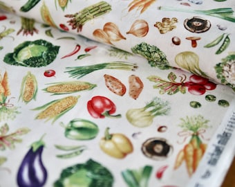 Miller patchwork fabric, Town Fair series, vegetables, decorative fabric, cotton fabric corn, onions, peppers, asparagus, eggplant, zucchini, cabbage