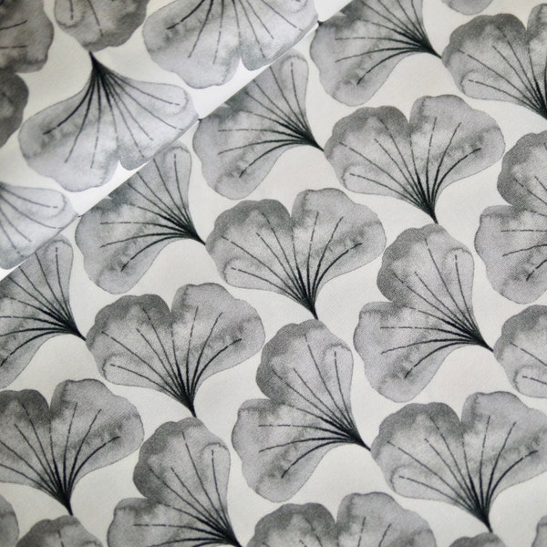 HILCO tissu en coton série Emilie GINKGO feuilles gris-blanc robe tissu coussin tissu sac tissu décoratif motif japonais EN 71-3