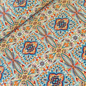 Hilco women's jersey flower ornaments ALOHA JERSEY, children's fabric, dress fabric child, jersey fabric ornaments light blue-orange-colored