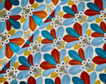HILCO cotton fabric EMILIE, poplin, graphic patterns, flowers, leaves, cotton fabric mustard yellow-blue-petrol, dress fabric, EN 71-3