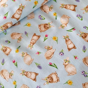 Henry Glass Patchworkstoff HOPPY HUNTING, Stoff Baumwolle, Stoff Ostern, Osterhase, Hase, Narzissen, Tulpen, Krokus, Hyazinthen