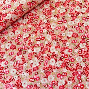 Makower Patchwork-tyg KASUMI, bomullstyg, matchande tyg med blommor, dekorativt tyg, japanska mönster, rödrosa-flerfärgade motiv