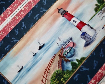 MILLER patchwork fabric lighthouse, maritime, By the Sea, panel for placemat, MugRug, maritime cotton fabric, fabric lighthouse