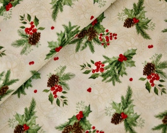 Wilmington patchwork fabric series Tartan Holiday, Christmas fabric, cotton fabric Christmas, Ilex, pine branches, pine cones, berries