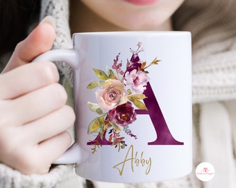 Monogram Letter Mug, Personalised Family Name Initial Ceramic Coffee Cup, Floral Letter Design, Elegant Birthday Wedding Coworker Gift