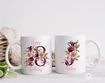 18th Birthday Mug, Personalised Family Name Initial Ceramic Coffee Cup, Floral Letter Design, Daughter Sister Birthday Gift, Gift for Her