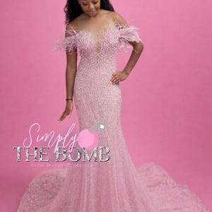 May include: A pale pink, floor-length gown with a mermaid silhouette. The dress features a sheer bodice with intricate beadwork and feathered off-the-shoulder sleeves. The text "Simply THE BOMB" is visible on the dress.