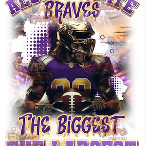 May include: A purple and gold football jersey with the words "Alcorn State Braves" and "The Biggest The Largest" on it. The jersey is worn by a football player wearing a gold helmet. The background is a purple and gold abstract design.