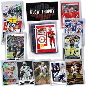 May include: A collection of football trading cards featuring various NFL players, including Lamar Jackson, Patrick Mahomes, Aaron Rodgers, Cam Newton, Dak Prescott, and Deshaun Watson. The cards are displayed in protective plastic sleeves and are labeled with the players' names and team logos.