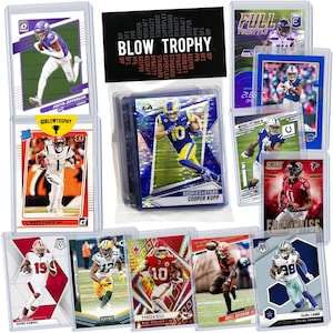May include: A collection of football trading cards featuring various players, including Justin Jefferson, Ja'Marr Chase, Cooper Kupp, and Tyreek Hill. The cards are in different colors and designs, with some featuring holographic accents. The cards are displayed in protective plastic sleeves.