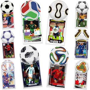 May include: A collection of ten rectangular sports trading cards, each topped with a circular soccer ball graphic. The cards feature various professional soccer players in action, including Edson Alvarez, Marcus Rashford, and Alexis Mac Allister.