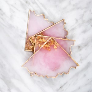 Rose quartz resin coaster set 4, pink geode home decor, jewelry display, desk organizer, perfume tray image 1