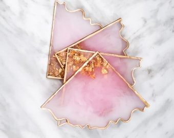 Rose quartz resin coaster set (4), pink geode home decor, jewelry display, desk organizer, perfume tray
