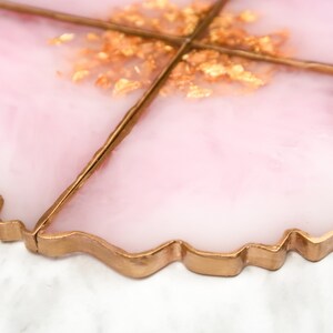 Rose quartz resin coaster set 4, pink geode home decor, jewelry display, desk organizer, perfume tray image 6