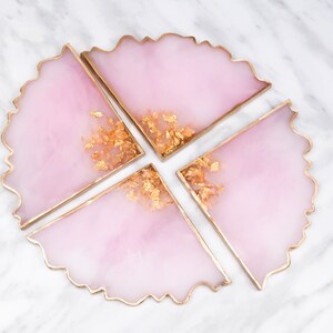 Rose quartz resin coaster set 4, pink geode home decor, jewelry display, desk organizer, perfume tray image 5