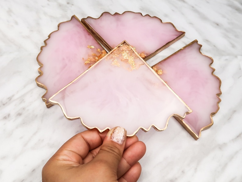 Rose quartz resin coaster set 4, pink geode home decor, jewelry display, desk organizer, perfume tray image 3