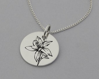 Orchid Necklace, Orchid Jewellery, Orchid Gifts, Flower Gifts, 15mm Disc, Sterling Silver