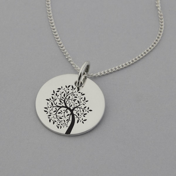 Tree Necklace with 'I am Enough' Engraved on Reverse, Sterling Silver, 15mm Disc, Motivational Jewelry