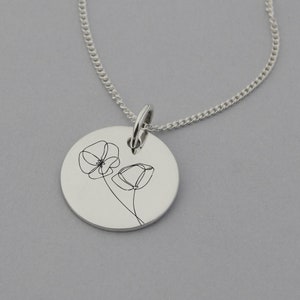 Poppy Necklace with &#39;Be Still&#39; Engraved on the Back, Flower Necklace, Motivational Jewelry, 15mm Disc, Sterling Silver