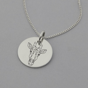 Geometric Giraffe Necklace, Giraffe Pendant, Giraffe Jewelry, Giraffe Gifts, 15mm Disc, Sterling Silver