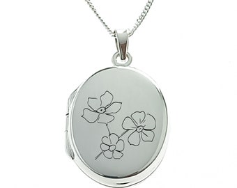 Forget Me Not Flower Locket, Remembrance Locket, Sterling Silver Oval Locket