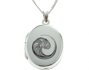 Wave Locket, Sterling Silver Oval Locket, 22mm Locket
