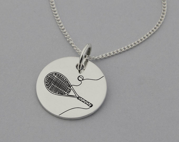 Tennis Racket Necklace, Tennis Jewelry, Tennis Gifts, Encouragement Gifts, Sterling Silver, 15mm Disc