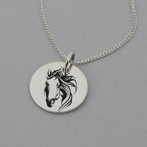 Horse Engraved Necklace, Horse Pendant, Horse Jewelery, Horse Gifts, 15mm Disc, Sterling Silver