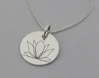 Lotus Necklace, Lotus Flower Necklace, Lotus Pendant, Water Lily, Lotus Jewelry, Sterling Silver, 15mm Disc