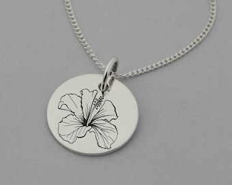 Hibiscus Engraved Necklace, Hibiscus Jewelry, Hibiscus Gifts, Hawaii Flower, Flower Jewellery, Sterling Silver, 15mm Disc