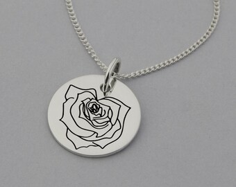 June Birthflower Rose Necklace, Rose Jewelry, Birth Flowers, June Birth Flower, June Gift, Floral Jewellery, Sterling Silver, 15mm Disc