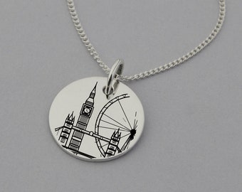 London Landmark Necklace, London Gifts, London Jewelry, Sterling Silver, 15mm Disc