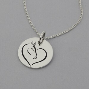 Horse in Heart Necklace, Horse Jewelry, Horse Lover Gifts, Horse Pendant, 15mm Disc, Sterling Silver
