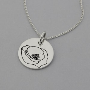 Poppy Necklace, Poppy Jewelry, Birth Flowers, August Birth Flower, 15mm Disc, Remembrance Gift