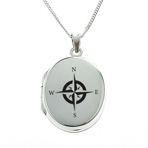 Compass Locket, Travel Gift, Oval Locket, Sterling Silver, Personalized Jewelry