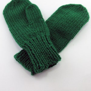 Hand Knit Green Mittens, Acrylic Yarn, Kids Size 4-6