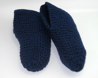 Hand Knit Acrylic Slippers: Navy Blue Warm Ankle Slippers