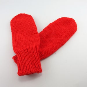 Hand Knit Red Mittens: Adult Medium Acrylic Yarn