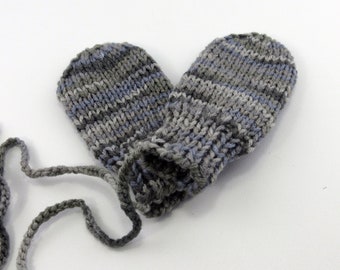 Mittens Baby, Gray Mittens, Mittens with String, Thumbless