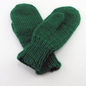 Hand Knit Green Mittens, Childs Acrylic Winter Gloves, Size 6-8