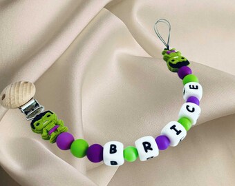 Pacifier hanger for baby green and purple Hulk personalized first name