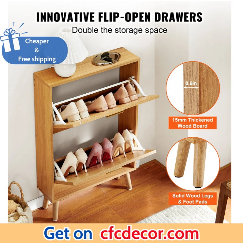 Shoe Cabinet with 2 Flip Drawers Rattan image 3