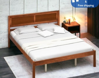 Wooden Platform Bed Frame with Headboard Mattress Foundation Full Size Walnut
