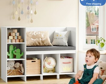 Bibliothèque pour enfants 6 cubes avec coin lecture, organisateur de rangement avec coussin de siège pour chambre d'enfant